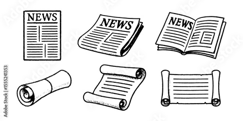 Collection of vintage newsprints, scrolls, and newspapers. Hand-drawn illustration in retro style. Media, information, and communication concept for design and print.