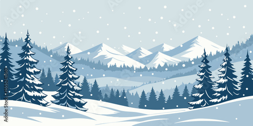 Christmas Snow Scene with Mountains and Pine Trees. Vector Illustration