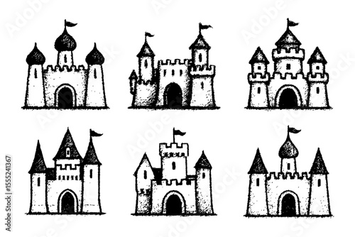 Set of hand-drawn fairytale castles in vintage crayon style, perfect for kids’ books, fantasy games, medieval themes, or design elements.