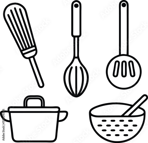 Collection of essential kitchen utensils including a frying pan spatula and ladle presented as clean icons isolated on white background isolated on transparent background