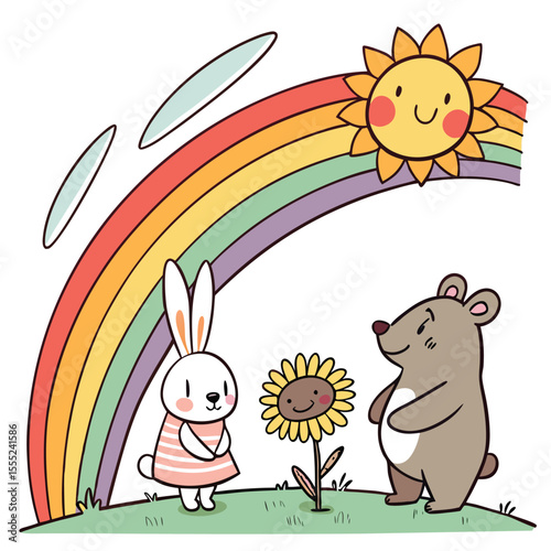 storybook cover with Rabbit Sunflower Bear and Rainbow Vector cute smiling animals rainbow arch  playful animal art nursery illustration children story cover colorful kids art 
 