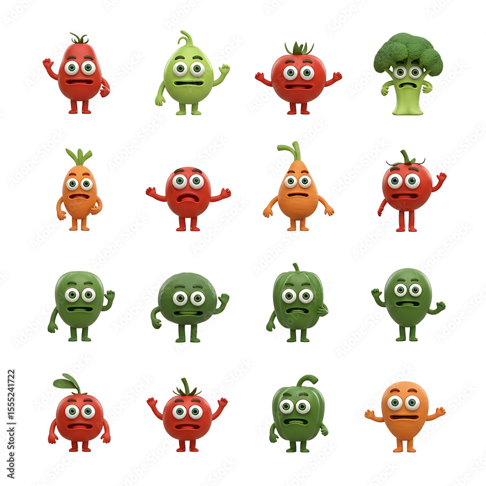 Obraz premium Colorful animated vegetable characters with expressive faces and various hand gestures on transparent.