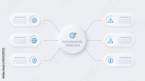 Neumorphic flow chart infographic. Creative concept for infographic with 6 steps, options, parts or processes.