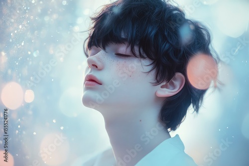 Sleeping Korean boy with dreamy pastel atmosphere background.