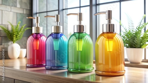 Wallpaper Mural a set of three colorful pump soap bottles arranged aesthetically on a modern bathroom vanity. Torontodigital.ca