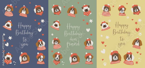 Greeting card with funny puppies vector set