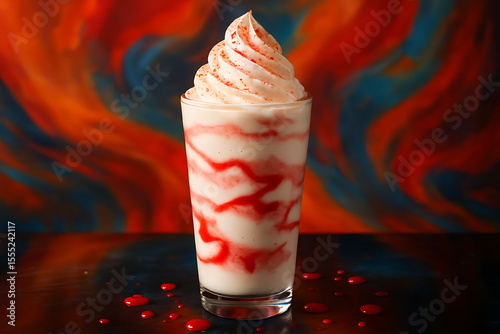 Creamy strawberry sundae shake with beautiful whipped topping and abstract red background, perfect for national strawberry sundae day