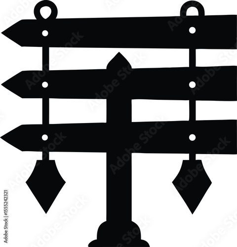 Vintage weathered wooden signpost with three directional hanging planks perfect for rustic navigation or informational displays isolated on white background isolated on transparent background