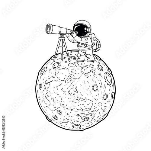 Floating astronaut with telescope looking at swirling galaxy in hand-drawn cosmic scene. Vector Illustration