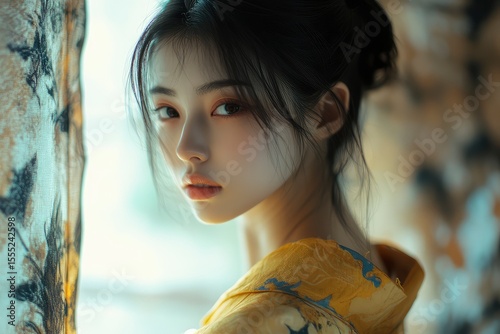 A beautiful young Korean woman, perfect for a beauty or skincare product advertisement. 