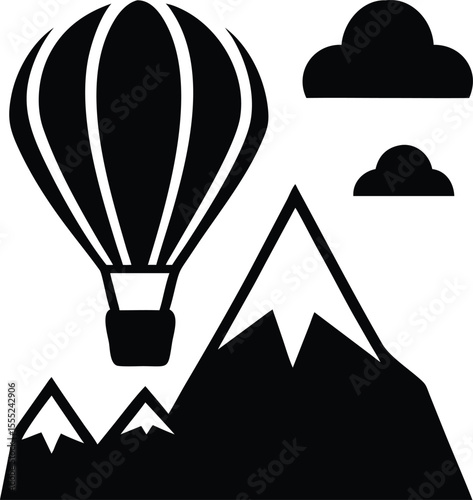 Vibrant hot air balloon gracefully floating above majestic snow capped mountains under a clear blue sky conveying adventure and freedom isolated on white background isolated on transparent background