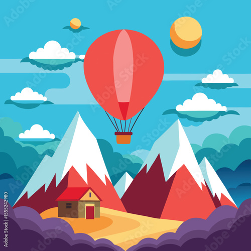 Vibrant hot air balloon gracefully floats above a majestic mountain range under a clear sky evoking a sense of adventure and freedom isolated on white background isolated on transparent background