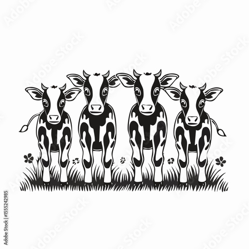 Four adorable calves standing in a grassy field image vector isolated on white background.