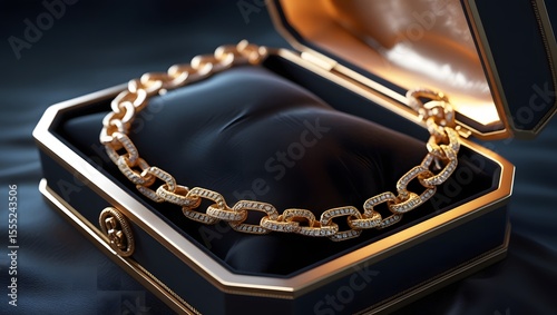 Gold chain on a black pillow in a box