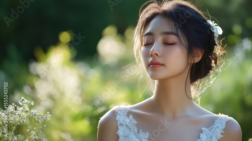 A beautiful young Korean woman, perfect for a beauty or skincare product advertisement. 