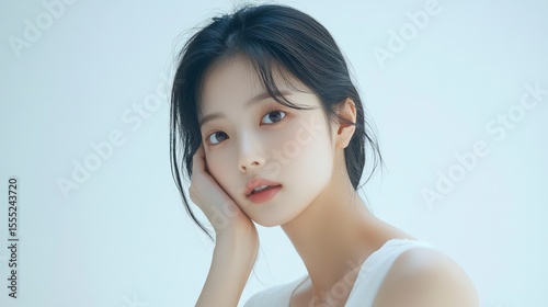 Beautiful Korean woman with clean and healthy skin touching her face