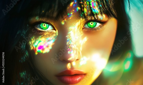 A beautiful Asian women with glowing green eyes 