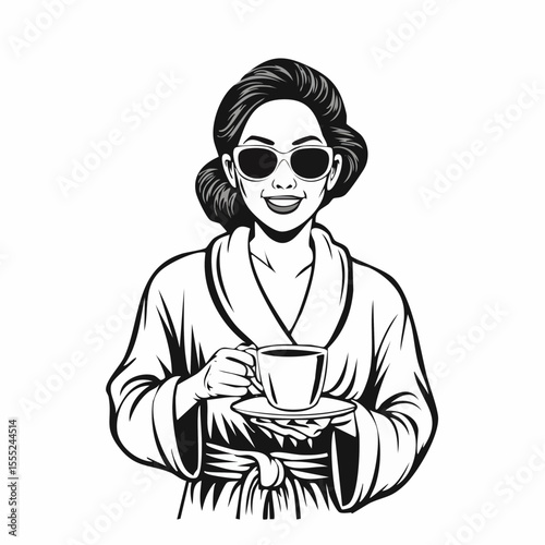 Woman in Bathrobe and Sunglasses Holding Coffee Cup Relaxing in a Morning Vector Image