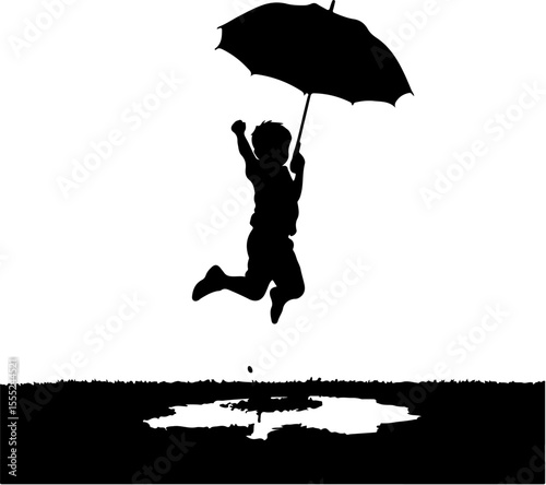 silhouette of a girl jumping with umbrella