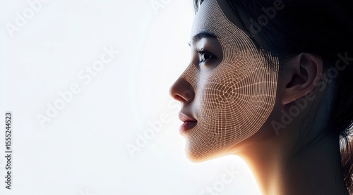 The photo of a beautiful Asian woman, her face illuminated by a scanning Face ID pattern. 