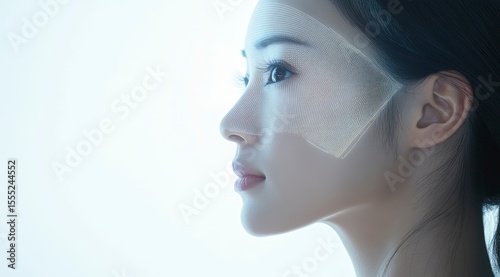 The photo of a beautiful Asian woman, her face illuminated by a scanning Face ID pattern. 