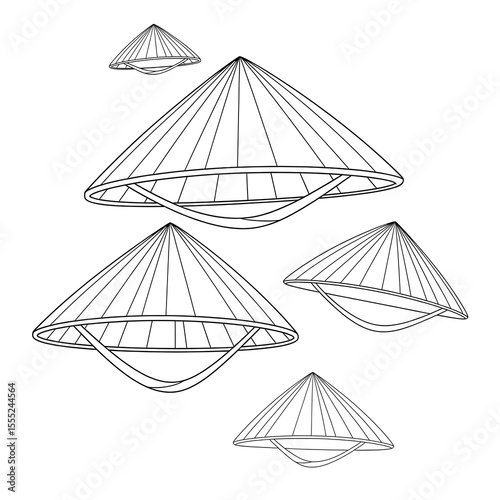 Collection of conical asian hats drawn in outline style isolated on transparent background