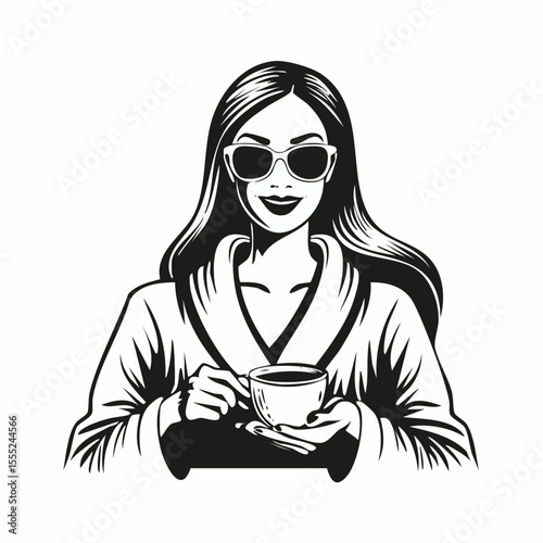 Woman in Bathrobe and Sunglasses Holding Coffee Cup Relaxing in a Morning Vector Image