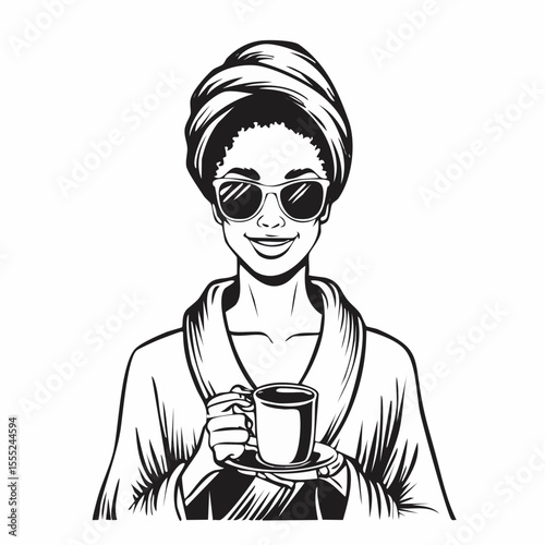 Woman in Bathrobe and Sunglasses Holding Coffee Cup Relaxing in a Morning Vector Image