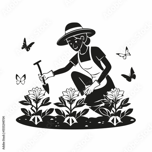 Gardener woman planting flowers in the garden image vector on white background.