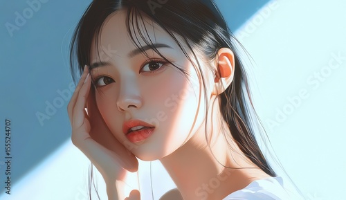 Beautiful Korean woman with clean and healthy skin touching her face