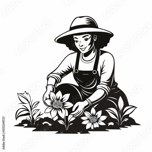 Gardener woman planting flowers in the garden image vector on white background.