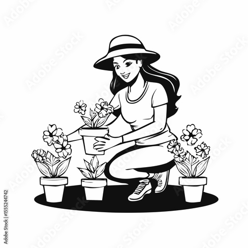 Gardener woman planting flowers in the garden image vector on white background.