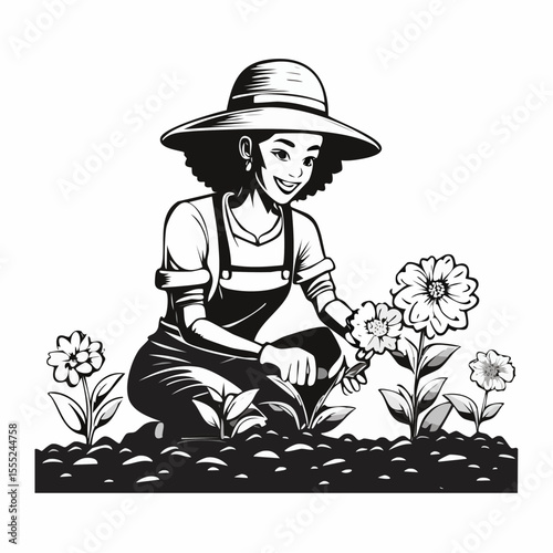 Gardener woman planting flowers in the garden image vector on white background.