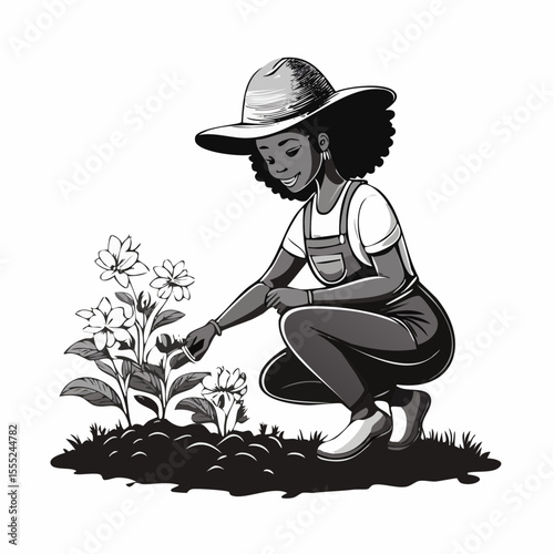 Gardener woman planting flowers in the garden image vector on white background.
