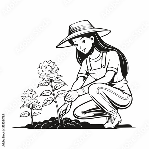 Gardener woman planting flowers in the garden image vector on white background.