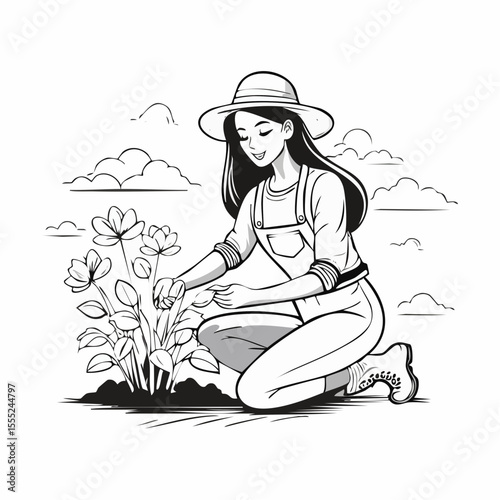 Gardener woman planting flowers in the garden image vector on white background.
