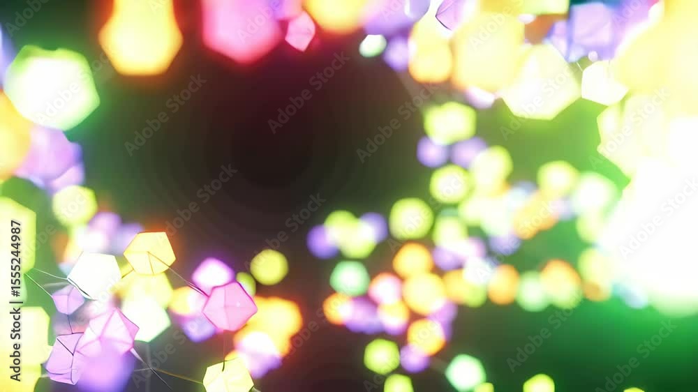 Abstract glowing hexagonal shapes and lines with neon bokeh, modern digital network background for science, technology, innovation, data visualization, or future concepts