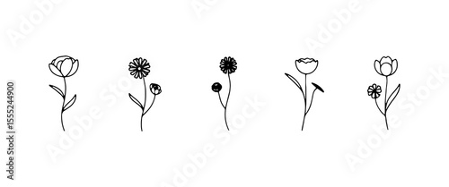 Stylized Floral Mix. A creative mix of simple and abstract floral designs with clear outlines and light aesthetic, perfect for modern stationery or textile.