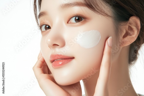Beautiful Korean woman with clean and healthy skin touching her face