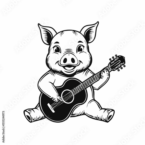 Pig Playing Guitar Vectors. Pig Guitar Stock Illustration on white background.