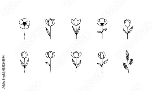 Upright Bloom Elements. Neatly organized floral forms with straight stems and open heads, ideal for clean layouts and nature branding.