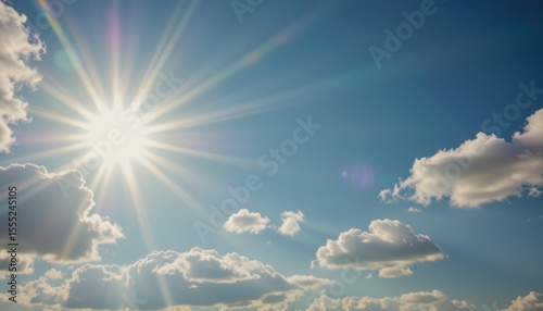 create a bright and cheerful summer scene featuring the sun shining in a blue sky with fluffy clouds, position your subject on the left side of the image