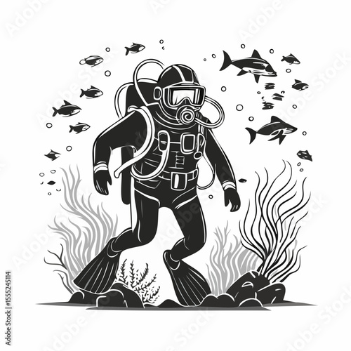 Scuba diver exploring underwater depths image vector isolated on white background.