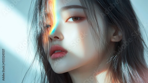 Korean beauty girl with clear, glowing skin, close-up of face.