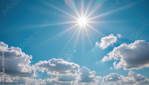 create a captivating photo of a blue sky with white clouds and a sparkling teal toned subject positioned at the top under the midday sun, the image should be optimized for photo use