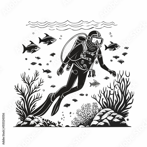 Scuba diver exploring underwater depths image vector isolated on white background.