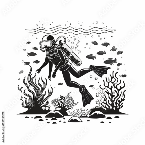 Scuba diver exploring underwater depths image vector isolated on white background.