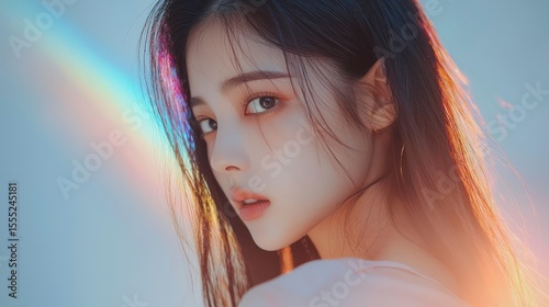 Korean beauty girl with clear, glowing skin, close-up of face.