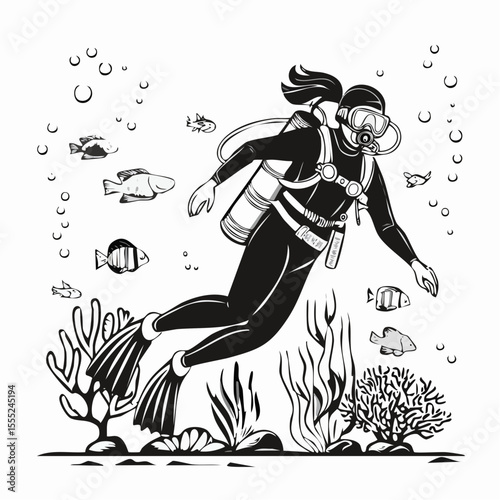 Scuba diver exploring underwater depths image vector isolated on white background.