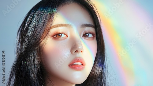 Korean beauty girl with clear, glowing skin, close-up of face.